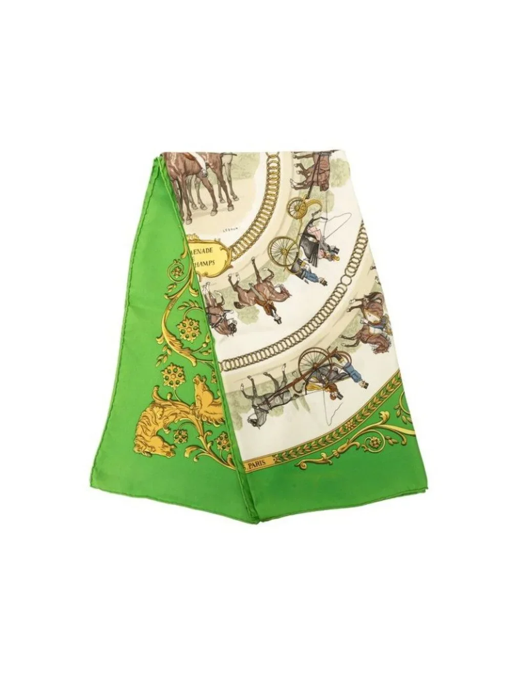 Hermes Carre 90 la Promenade de Longchamps Walkway to Ron Chien Scarf Green